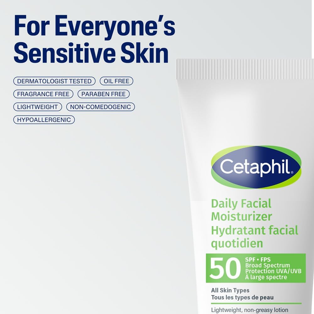Cetaphil Daily Facial Moisturizer, SPF 50 Gentle Face Lotion for All Skin Types, Light Weight, Oil Free, Dermatologist Recommended Sensitive Skincare, 50ml, Pack of 1
