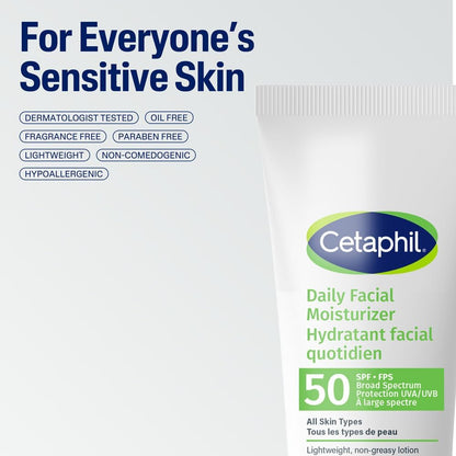 Cetaphil Daily Facial Moisturizer, SPF 50 Gentle Face Lotion for All Skin Types, Light Weight, Oil Free, Dermatologist Recommended Sensitive Skincare, 50ml, Pack of 1