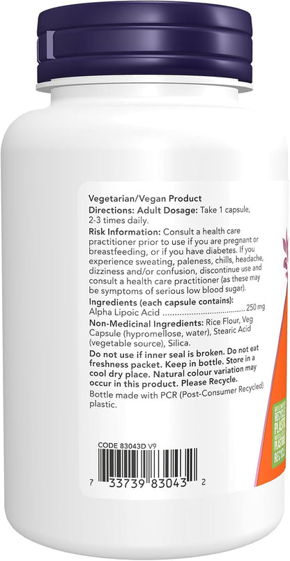NOW Supplements, α-硫辛酸 250 毫克，支持穀胱甘肽生成，自由基清除劑，120 粒素食膠囊