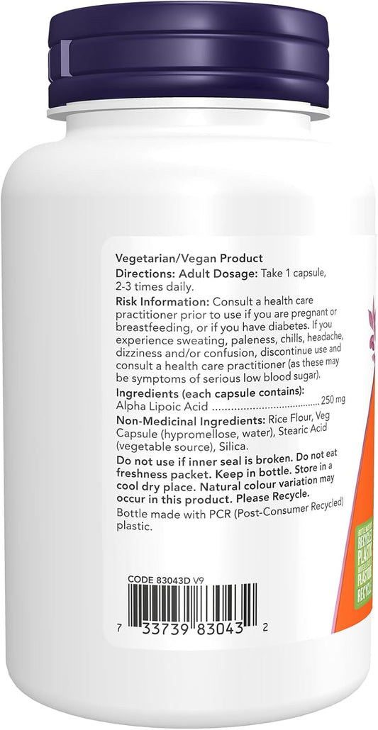 NOW Supplements, α-硫辛酸 250 毫克，支持穀胱甘肽生成，自由基清除劑，120 粒素食膠囊