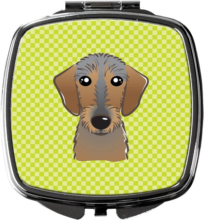 Caroline's Treasures BB1295SCM 棋盘格青柠绿硬毛腊肠犬小镜子 装饰旅行化妆镜 女士女孩礼物 袖珍化妆镜 折叠手持