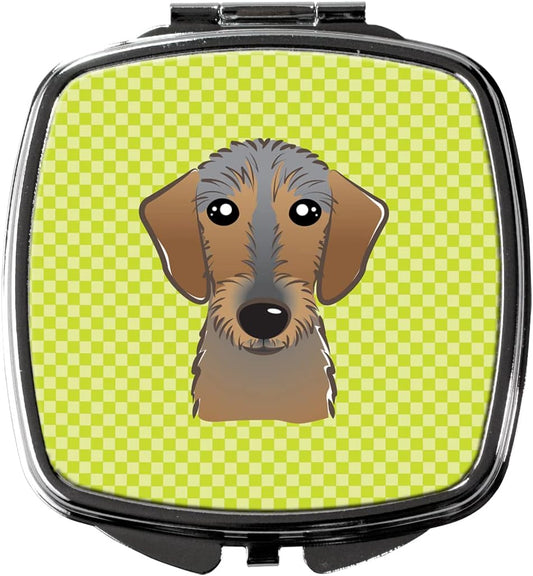 Caroline's Treasures BB1295SCM 棋盘格青柠绿硬毛腊肠犬小镜子 装饰旅行化妆镜 女士女孩礼物 袖珍化妆镜 折叠手持