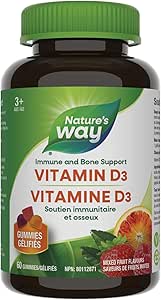 Nature's Way Vitamin D Gummies - Immune and Bone Support - 1000 IU Vitamin D3 per gummy - Strawberry, Peach and Mango Flavoured Gummies - 60 Gummies