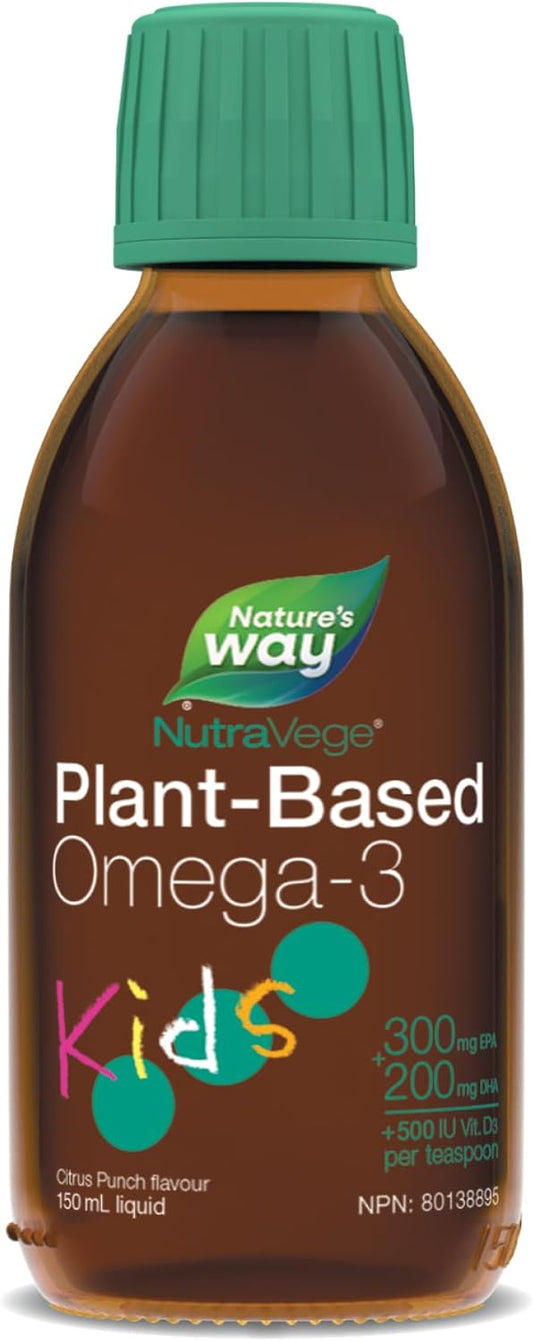 Nature's Way NutraVege 兒童 Omega-3 補充劑，植物基，素食，純素食友好型，500 毫克 EPA + DHA，500 IU 純素維生素 D3，柑橘味，150 毫升液體