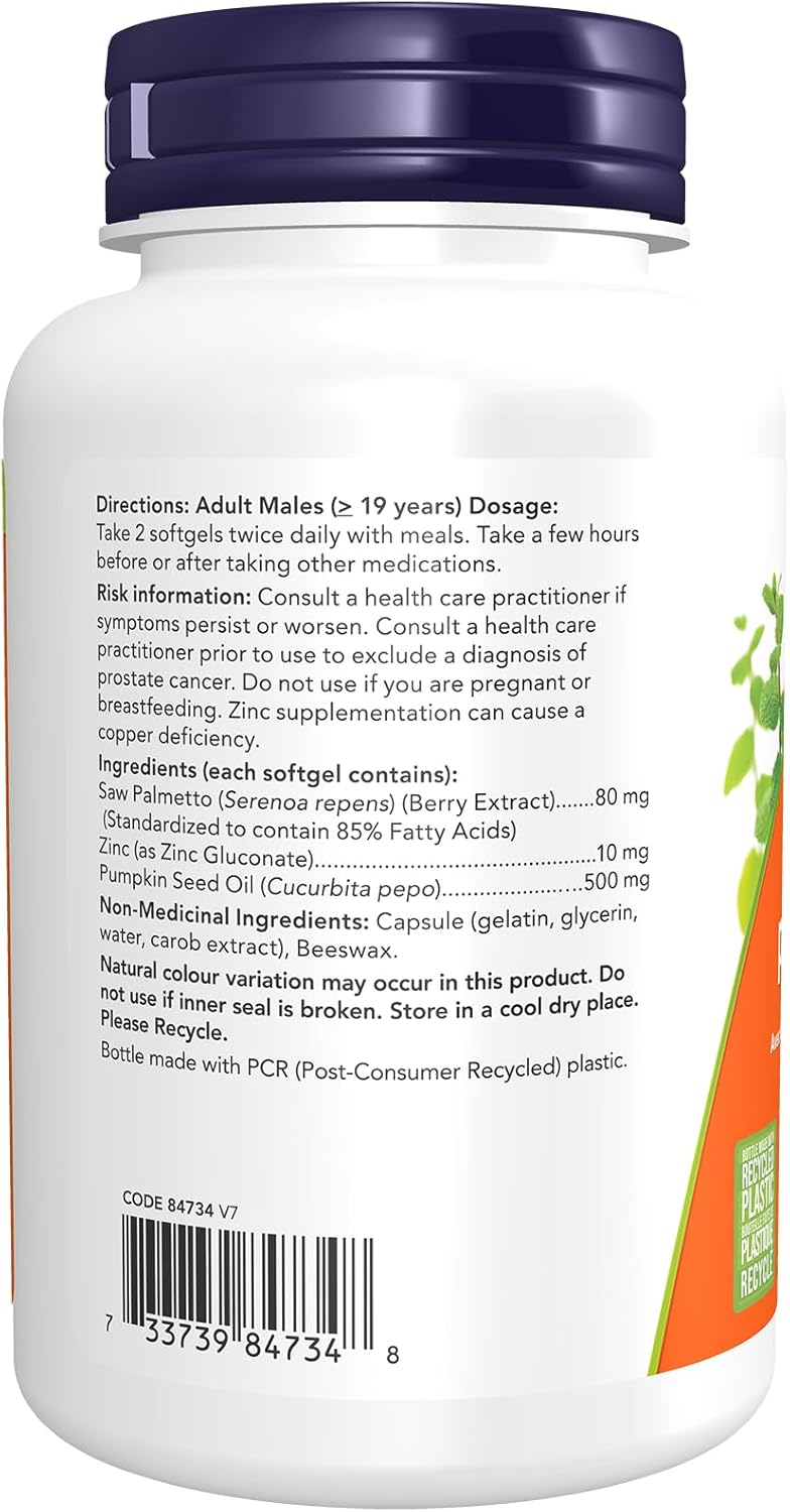 NOW Supplements, 锯棕榈提取物，含南瓜籽油和锌，男性健康*，90 粒软胶囊