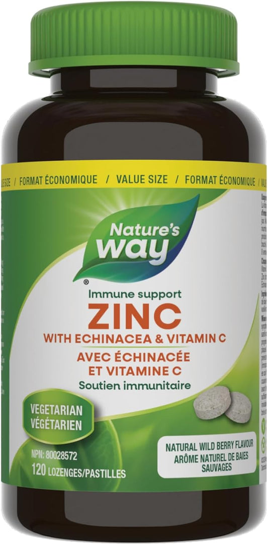 Nature’s Way Zinc with Echinacea & Vitamin C - Immune Support Supplement with Zinc, Echinacea, and Vitamin C – Natural Wild Berry Flavour - 120 Lozenges, Value Size