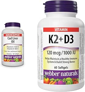 Webber Naturals 鱈魚肝油（含維生素 A 和 D3），180 粒軟膠囊，有助於視力、皮膚和免疫功能；維生素 K2（含 D3），60 粒軟膠囊，有助於支持骨骼、牙齒和免疫功能，不含麩質