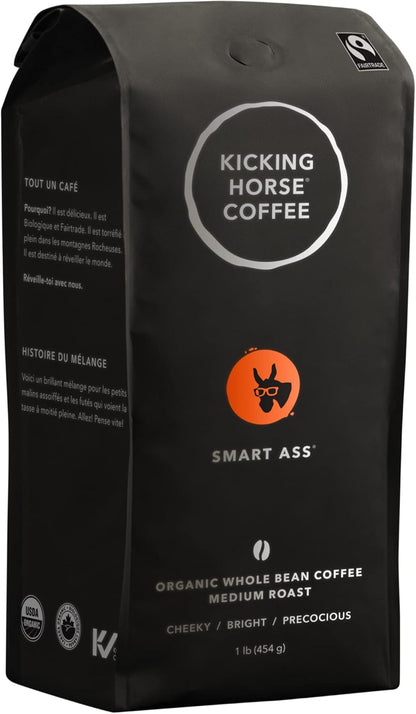 Kicking Horse Coffee，Smart Ass，中度烘焙，全豆，1 磅 - 有机认证、公平贸易、犹太洁食咖啡 & 454 马力，深度烘焙，研磨，284 克 - 有机认证、公平贸易、犹太洁食咖啡