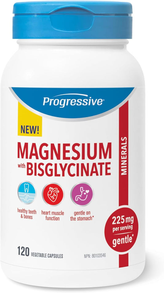 Progressive Elemental Magnesium Bisglycinate 225 mg — 120 Vegetarian Capsules —Highly Absorbable Gentle Magnesium Bis-Glycinate Blend for Sleep, Heart, Bone and Muscle Function