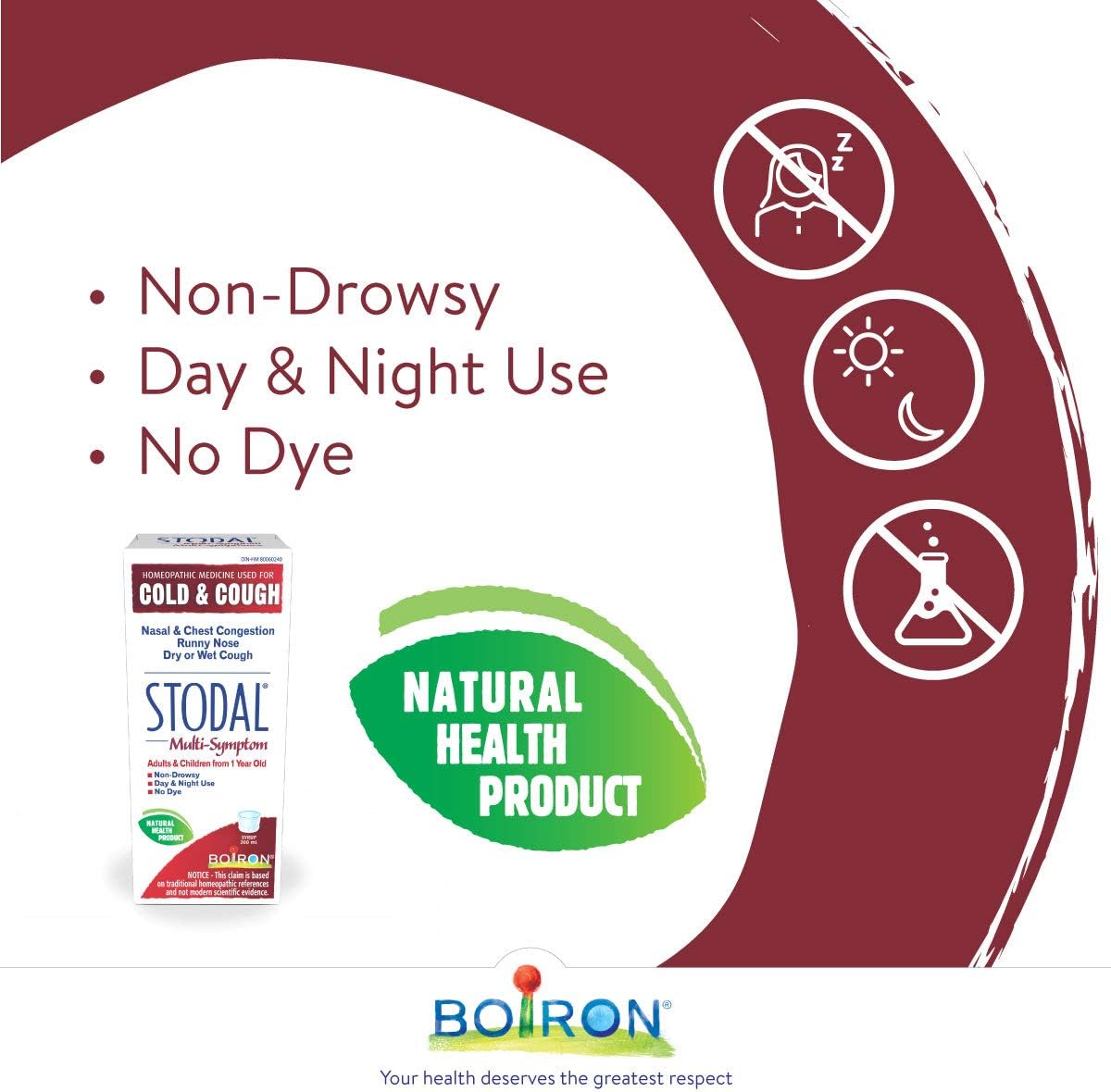 Boiron Stodal 感冒和咳嗽糖浆，200 毫升，缓解鼻塞和胸闷、流鼻涕以及干咳或湿咳。