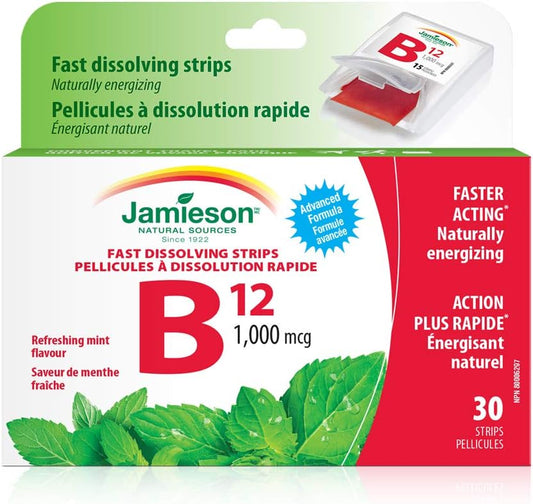 Jamieson 維生素 B12 1000 微克速溶片，天然薄荷味，含甲鈷胺，支持能量生成和代謝，旅行裝。素食。無麩質，不含人工色素、香精或防腐劑…