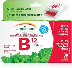 Jamieson 維生素 B12 1000 微克速溶片，天然薄荷味，含甲鈷胺，支持能量生成和代謝，旅行裝。素食。無麩質，不含人工色素、香精或防腐劑…