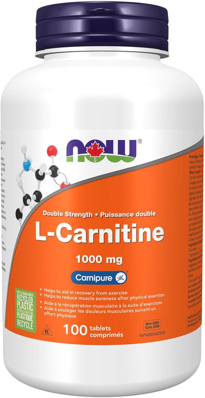 NOW Supplements，雙倍強度左旋肉鹼 1,000 毫克，最純淨形式，胺基酸，健身支持，100 片