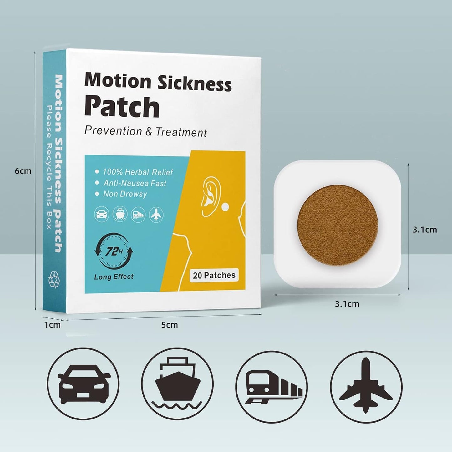 MQUPIN 晕车贴，20 片装，适用于乘车、乘船、乘飞机的晕船贴，起效快，无副作用（20 片）
