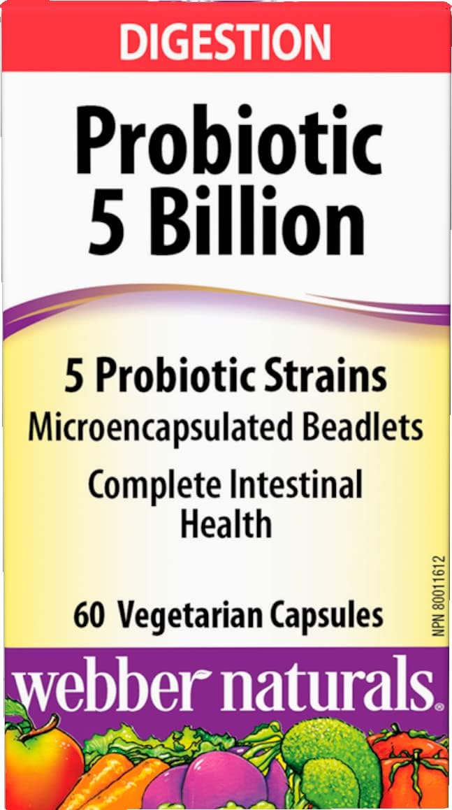 Webber Naturals Probiotic 5 Billion Active Cells, 5 Probiotic Strains, 60 Capsules, For Digestive Health, Vegetarian
