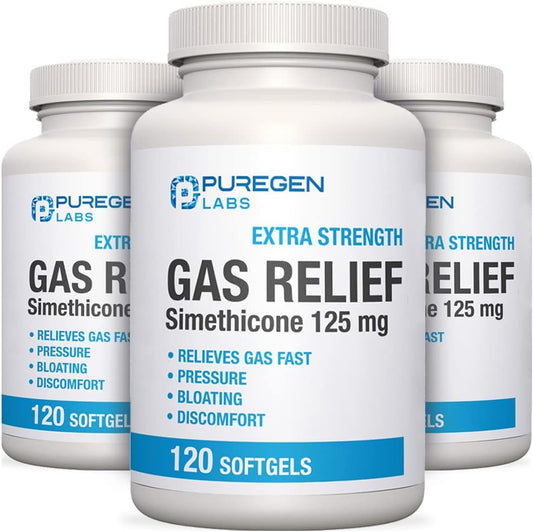 Puregen Labs Extra Strength Gas Relief Softgels with Simethicone 125 mg | Fast Relieve of Pressure, Bloating and Painful Discomfort – 3 Pack | Total 360 Softgels