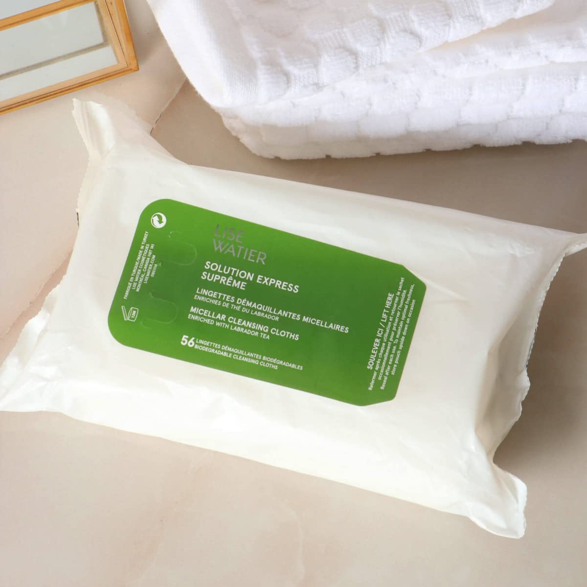 Watier Solution Express Suprême 胶束洁肤巾，可生物降解卸妆湿巾，带可回收袋，快速卸妆，含拉布拉多茶，纯素配方，56 片