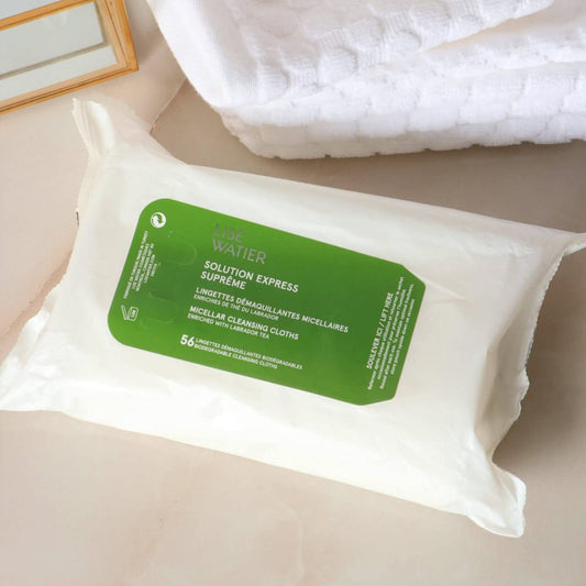 Watier Solution Express Suprême 胶束洁肤巾，可生物降解卸妆湿巾，带可回收袋，快速卸妆，含拉布拉多茶，纯素配方，56 片