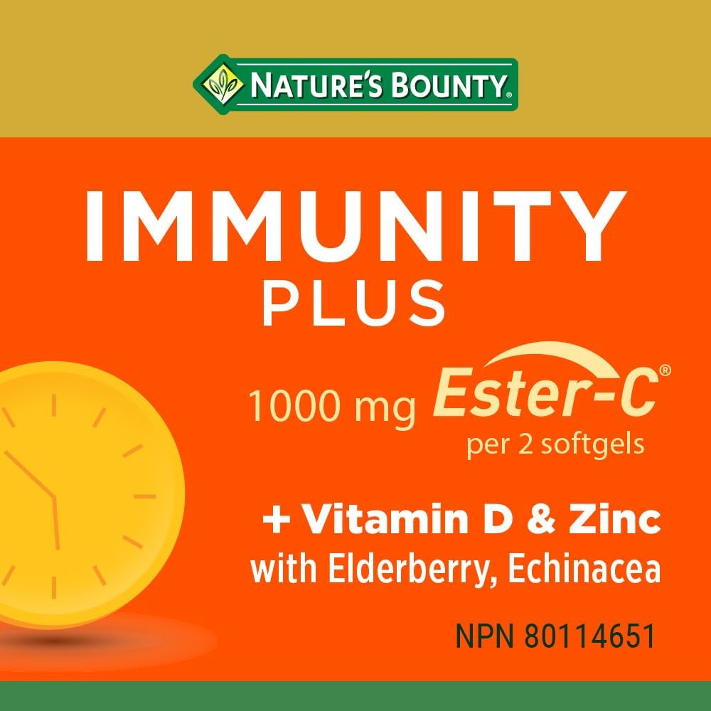 Nature's Bounty Immunity Plus，1000 毫克酯化維生素 C，含鋅、接骨木果和紫錐菊，50 粒軟膠囊，有助於維持免疫系統