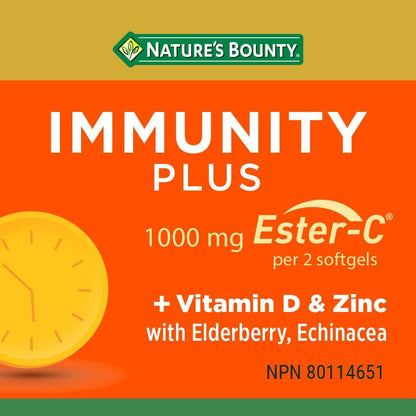 Nature's Bounty Immunity Plus，1000 毫克酯化維生素 C，含鋅、接骨木果和紫錐菊，50 粒軟膠囊，有助於維持免疫系統