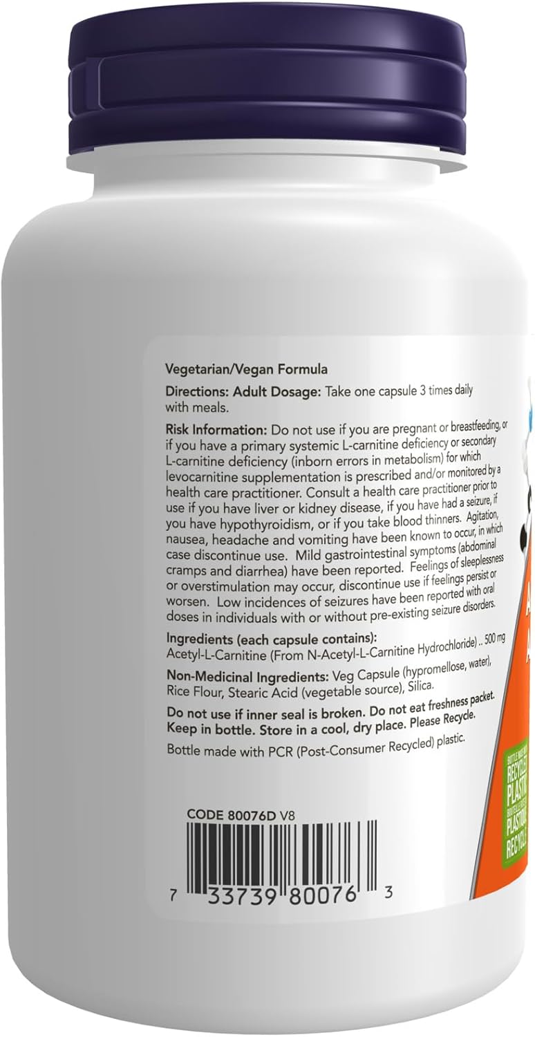 NOW Supplements, 乙醯左旋肉鹼 500 毫克，胺基酸，腦部和神經細胞功能，100 粒素食膠囊