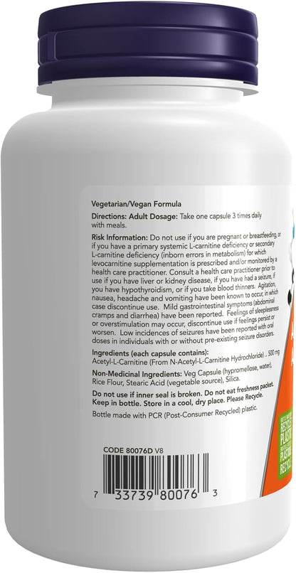 NOW Supplements, 乙醯左旋肉鹼 500 毫克，胺基酸，腦部和神經細胞功能，100 粒素食膠囊