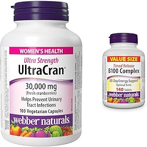 Webber Naturals UltraCran 超強蔓越莓 30,000 毫克和維生素 B100 複合物，定時釋放，140 片，支持能量產生和代謝，純素