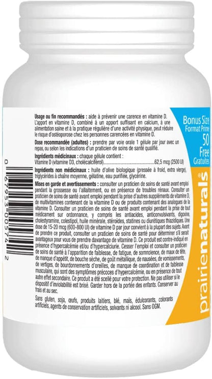 Prairie Naturals 維生素 D3 膽鈣化醇 2,500iu 軟膠囊，550 粒