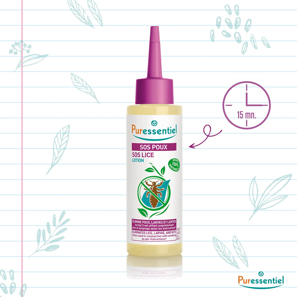 PURESSENTIEL - SOS 虱子全效护理乳液 + 梳子 - 配合梳子使用，可有效消灭虱子、幼虫和虱卵 - 精准定位 - 经皮肤科医生测试 - 100% 纯天然 - 100 毫升