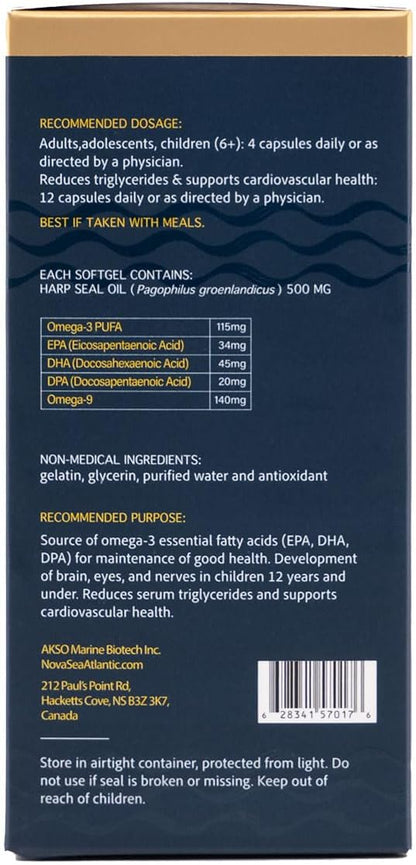 Nova Sea Atlantic® 出品，易于吞咽的竖琴海豹油 Omega 3 6 9 | 加拿大制造 | 富含 EPA、DHA 和 DPA，有益健康 | 不含化学物质，非转基因 | 500 毫克 - 240 粒软胶囊