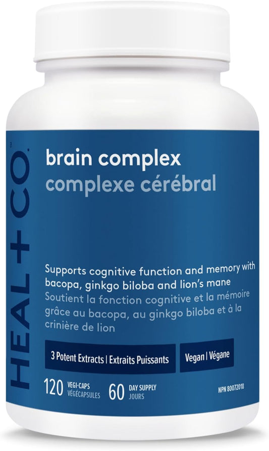 HEAL + CO. Brain Complex | 3 Potent Extracts – Bacopa, Ginkgo Biloba & Lion's Mane | Memory + Cognition Supplement | 120 Capsules