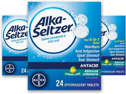 Alka-Seltzer 抗酸剂胃灼热缓解泡腾片 - 用于缓解胃灼热和胃部不适的抗酸剂，含有碳酸氢钠和柠檬酸，柠檬青柠味，3x24 片（72 片）