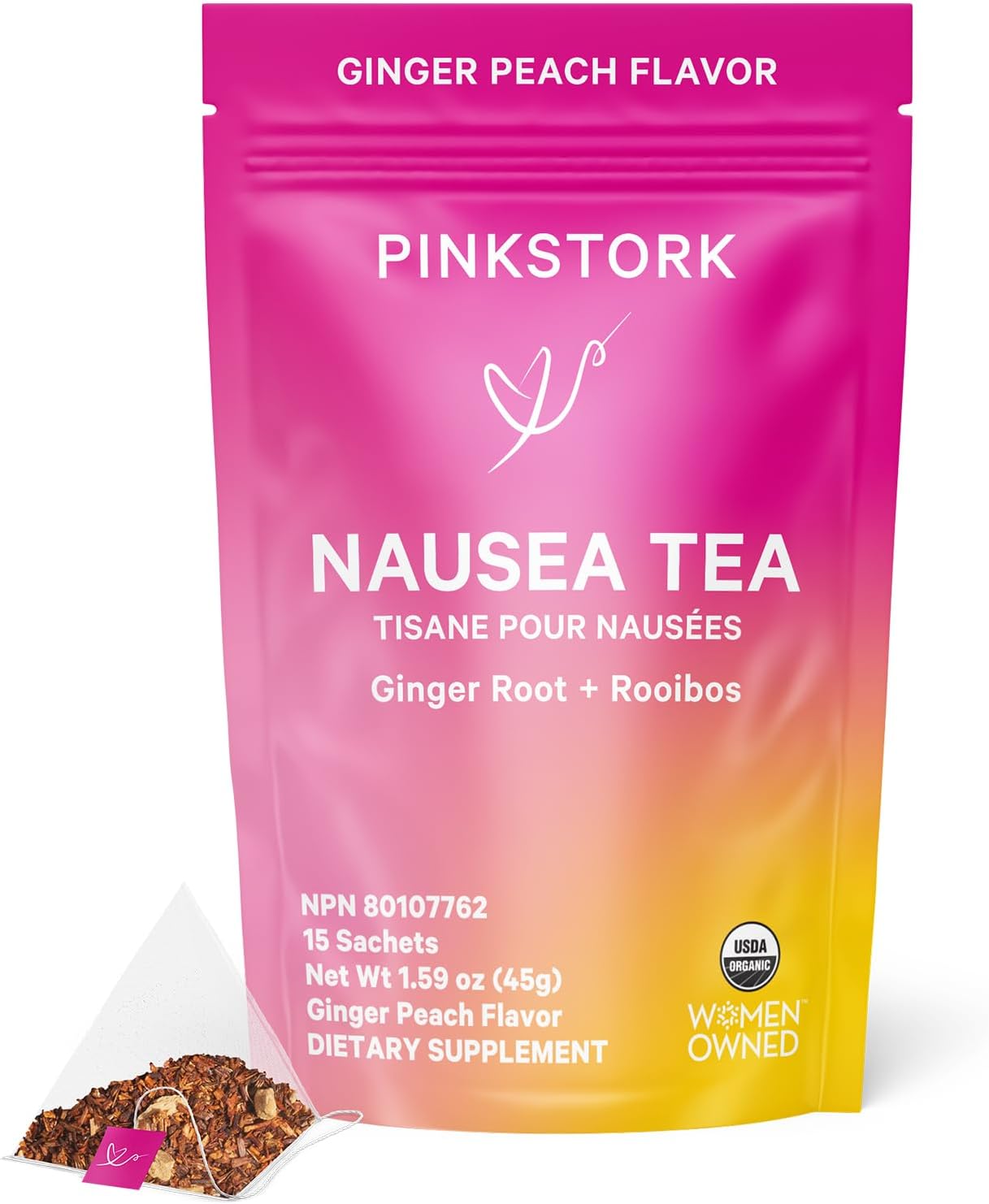 粉红鹳缓解茶：100% 有机缓解恶心茶，姜茶，女性自有，姜桃味，30 杯