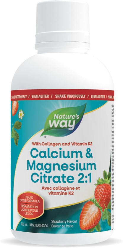 Nature's Way 檸檬酸鈣鎂 2:1 液體補充劑，含維生素 K2 和膠原蛋白，有助於維持骨骼和牙齒健康，草莓味，500 毫升，包裝可能有所不同