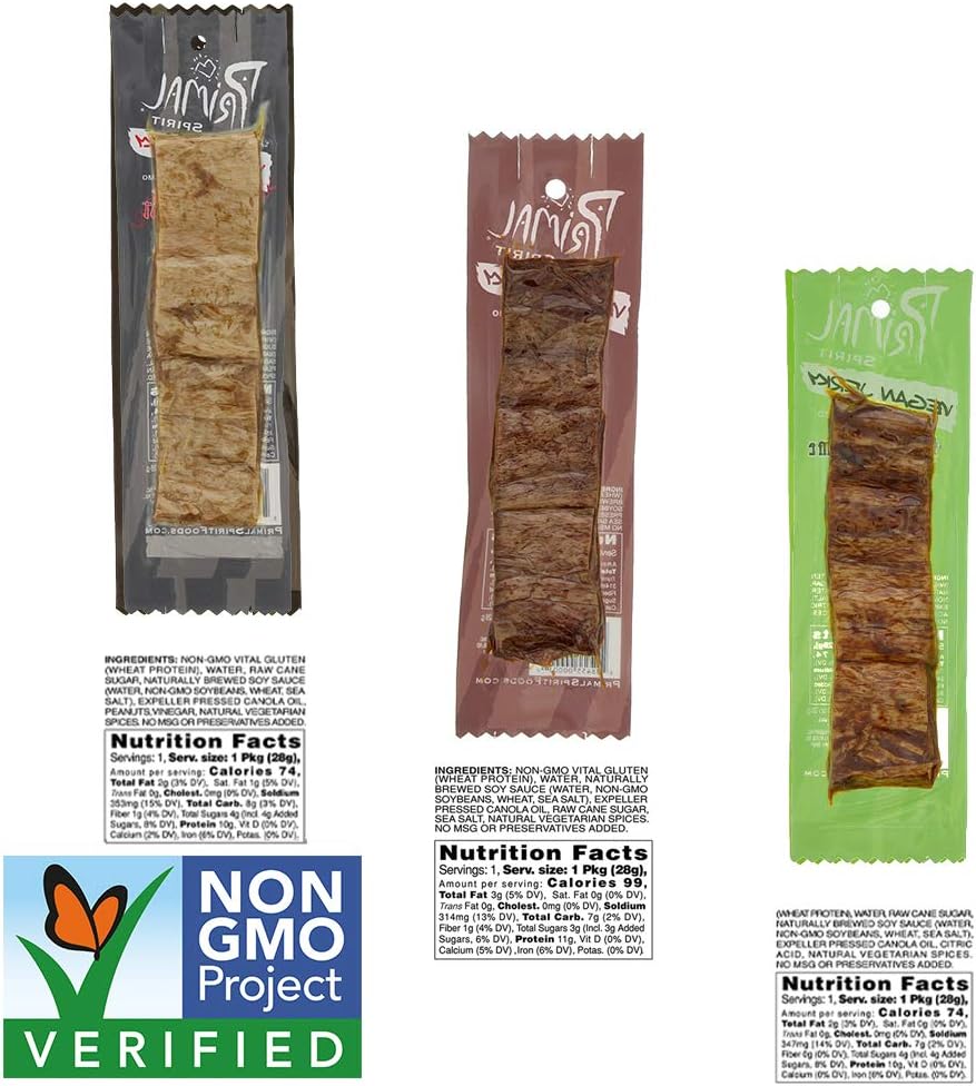 Primal Spirit Vegan Jerky - Seitan Power Pack, 10 g. Plant Based Protein, Certified Non-GMO, No Preservatives ("The Classics" Teriyaki, Thai Peanut, and Mesquite Lime, 24-Pack, 1 oz)