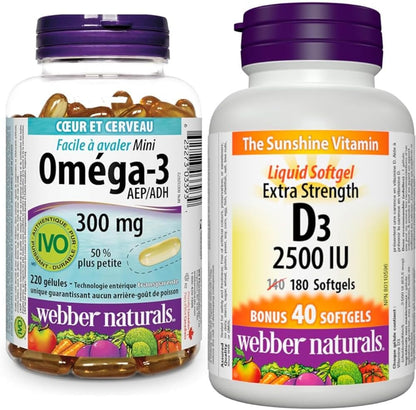 Webber Naturals Omega-3 300 毫克迷你装，220 粒透明肠溶无鱼腥味迷你软胶囊和维生素 D3 2500 IU 强效装，180 粒软胶囊