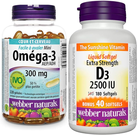 Webber Naturals Omega-3 300 毫克迷你裝，220 粒透明腸溶無魚腥味迷你軟膠囊和維生素 D3 2500 IU 強效裝，180 粒軟膠囊