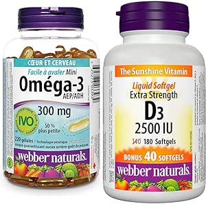 Webber Naturals Omega-3 300 毫克迷你裝，220 粒透明腸溶無魚腥味迷你軟膠囊和維生素 D3 2500 IU 強效裝，180 粒軟膠囊