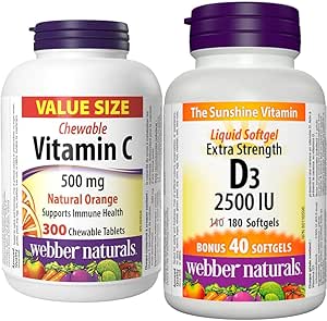 Webber Naturals 維生素 C 咀嚼錠 500 毫克，300 片橙味片，適用於骨骼和牙齒，維生素 D3 2500 IU 強效，180 粒軟膠囊，適用於健康的骨骼和牙齒
