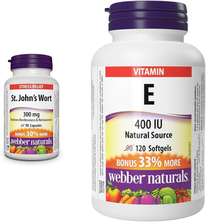 Webber Naturals 圣约翰草提取物胶囊，300 毫克，90 粒，含维生素 E 400 国际单位，120 粒软胶囊，天然维生素 E 来源，具有抗氧化作用