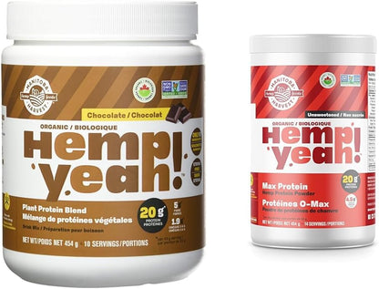 Manitoba Harvest Hemp Yeah! Org 蛋白质混合物 - 巧克力 454 克 & 大麻有机最大蛋白质粉，无糖，454 克，每份含 20 克蛋白质和 4.5 克 Omega 3/6