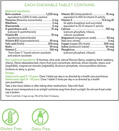 SISU 青少年複合維生素，90 片咀嚼片 - 青少年複合維生素 - 健康與壓力支持 - 不含麩質和乳製品 - 45-90 份（1 包）