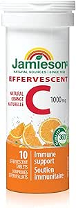 Jamieson 維生素 C 1000 毫克泡騰片，天然橙味，有助於增強免疫力，強健牙齒和骨骼。易於放入水瓶，素食，不含人工甜味劑、色素或香精，10 片裝，泡騰片有效成分…