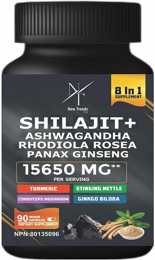 002  8 合 1 Shilajit 喜馬拉雅有機補充劑，含 Shilajit 9000、南非醉茄 2000MG、紅景天 1000MG、人參 1500MG、冬蟲夏草 500MG、銀杏 500MG、蕁麻 250MG、薑黃 500MG 150 MG