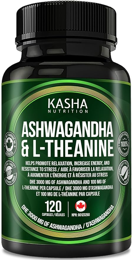 002  KASHA Nutrition 南非醉茄 QCE 3000 毫克和 L-茶氨酸 100 毫克/粒膠囊 | 高效 10:1 提取物，專家配方 | 加拿大製造 | 無添加劑（120 粒）