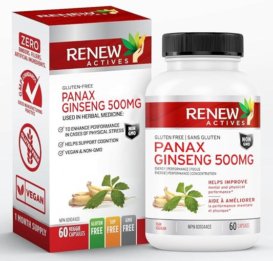 002  RENEW ACTIVES 人參 1000 毫克/2 粒膠囊 – 促進身體和認知健康，增強能量，支持思維清晰度和注意力，提升表現和活力 – 加拿大製造 – 60 粒膠囊