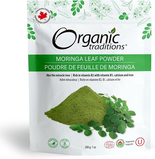 002  Organic Traditions 有機辣木葉萃取物，加拿大製造，純素非基因改造有機超級食品辣木粉，7 盎司（200 克）袋裝，每袋 40 份