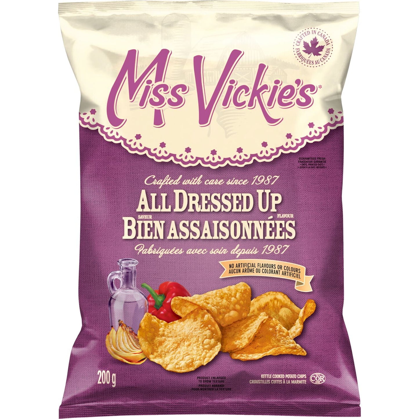 Miss Vickie's All Dressed Up flavour Kettle Cooked Potato Chips, 200 g.