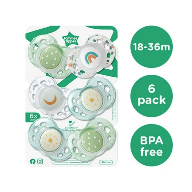 004-Tommee Tippee 夜間夜光安撫奶嘴，對稱設計，不含 BPA 矽膠，18-36m，6 支