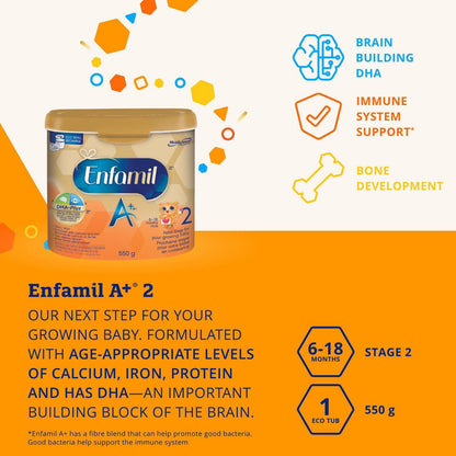Enfamil A+ 2 婴儿配方奶粉，专为 6-18 个月大的婴儿设计，含有 DHA——大脑的重要组成部分，环保奶粉桶装，550 克，550 克